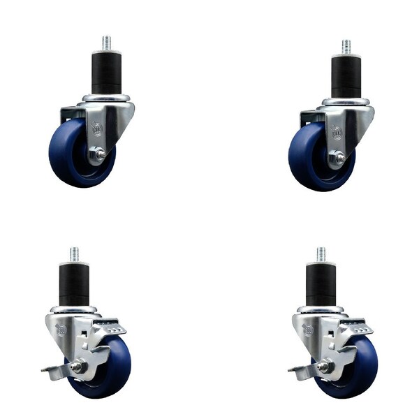 3'' Solid Poly Wheel Swivel 1-3/4'' Expanding Stem Caster Set 2 Brakes, 4PK